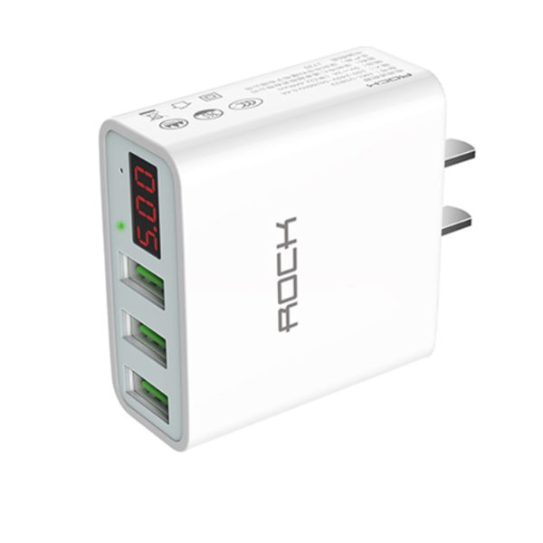 LED Display 3 USB Charger, ROCK Universal Mobile Phone USB Charger Fast Charging Wall Charger
