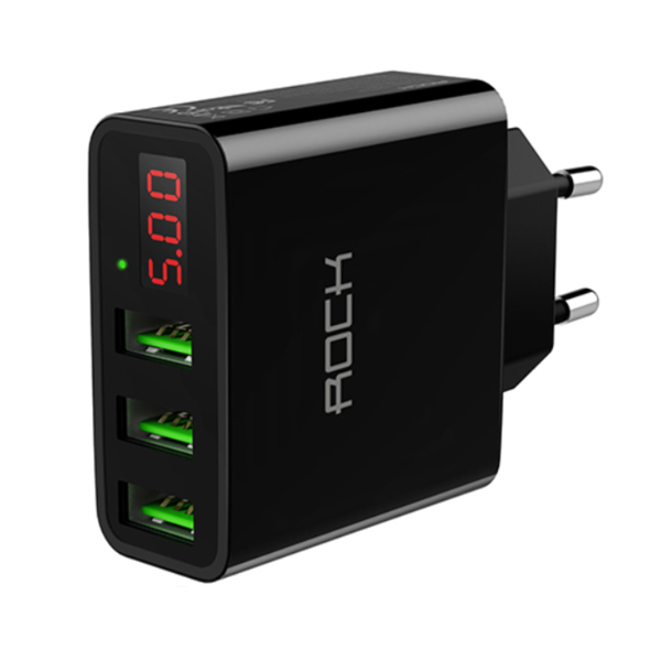 LED Display 3 USB Charger, ROCK Universal Mobile Phone USB Charger Fast Charging Wall Charger