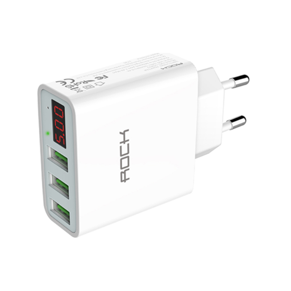 LED Display 3 USB Charger, ROCK Universal Mobile Phone USB Charger Fast Charging Wall Charger
