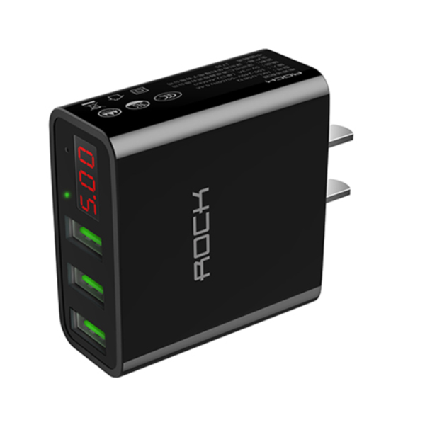 LED Display 3 USB Charger, ROCK Universal Mobile Phone USB Charger Fast Charging Wall Charger